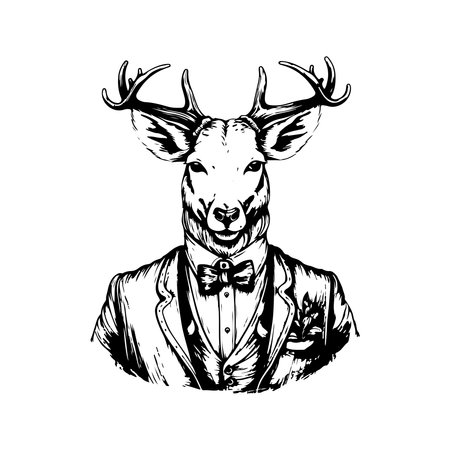 businessman deer, vintage logo line art concept black and white color, hand drawn illustrationのイラスト素材