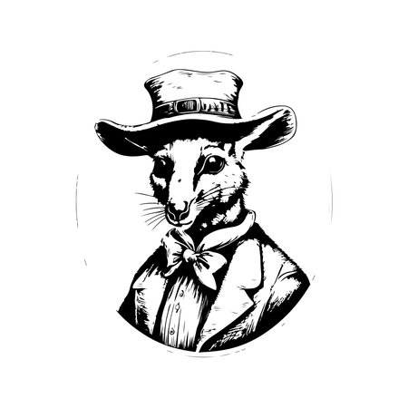 anthropomorphic wallaby, vintage logo line art concept black and white color, hand drawn illustrationのイラスト素材