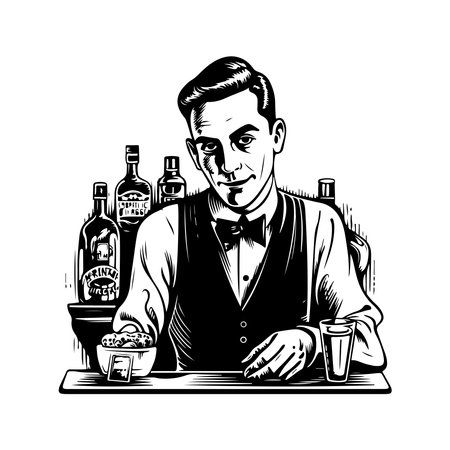 bartender, vintage logo line art concept black and white color, hand drawn illustrationのイラスト素材