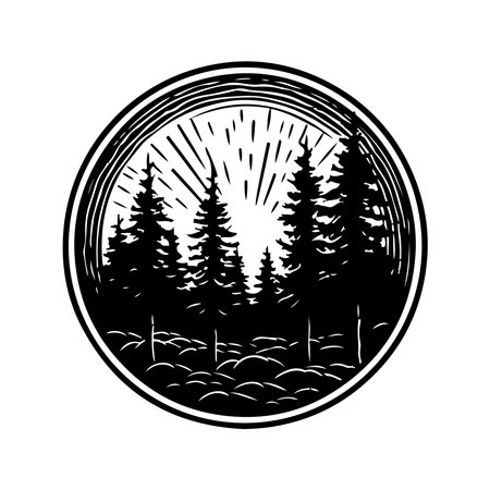 forest, vintage logo line art concept black and white color, hand drawn illustrationのイラスト素材