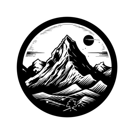 mountain, vintage logo line art concept black and white color, hand drawn illustrationのイラスト素材