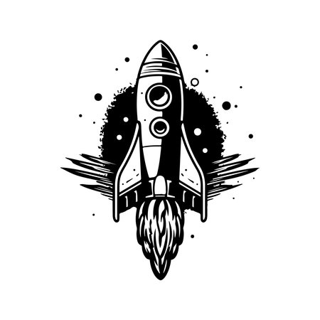 rocket flying up, vintage logo line art concept black and white color, hand drawn illustrationのイラスト素材