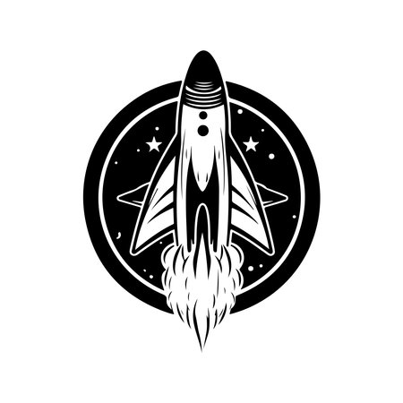 rocket flying up, vintage logo line art concept black and white color, hand drawn illustrationのイラスト素材