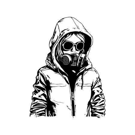 girl wearing jacket and gas mask, vintage logo line art concept black and white color, hand drawn illustrationのイラスト素材