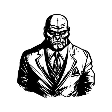 golem wearing suit, vintage logo line art concept black and white color, hand drawn illustrationのイラスト素材