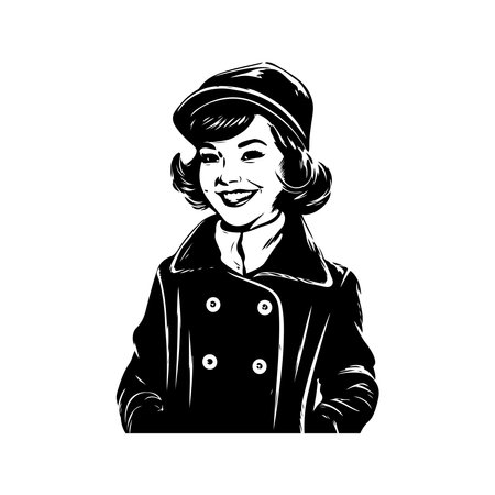 happy girl wearing coat and beret, vintage logo line art concept black and white color, hand drawn illustrationのイラスト素材