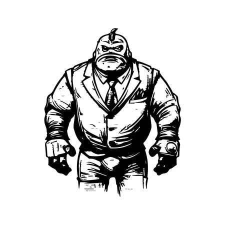 golem wearing suit, vintage logo line art concept black and white color, hand drawn illustrationのイラスト素材