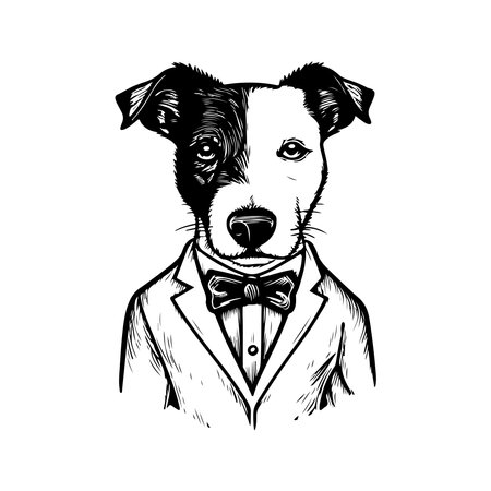 jack russell terrier wearing suit, vintage logo line art concept black and white color, hand drawn illustrationのイラスト素材