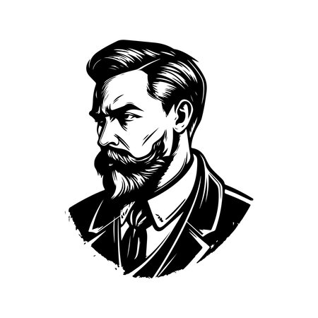 man beard wearing suit, vintage logo line art concept black and white color, hand drawn illustrationのイラスト素材