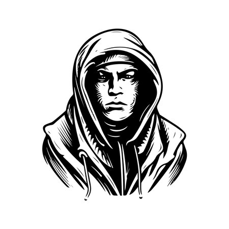 man in hood, vintage logo line art concept black and white color, hand drawn illustrationのイラスト素材