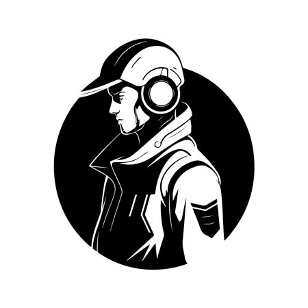 high tech futuristic man, vintage logo line art concept black and white color, hand drawn illustrationのイラスト素材