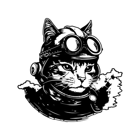 cat pilot, vintage logo line art concept black and white color, hand drawn illustrationのイラスト素材