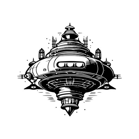 giant spaceship, vintage logo line art concept black and white color, hand drawn illustrationのイラスト素材