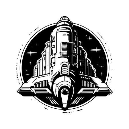 giant spaceship, vintage logo line art concept black and white color, hand drawn illustrationのイラスト素材