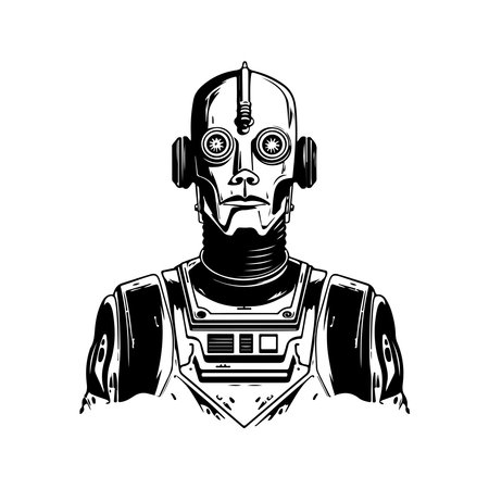 science fiction humanoid robot, vintage logo line art concept black and white color, hand drawn illustrationのイラスト素材