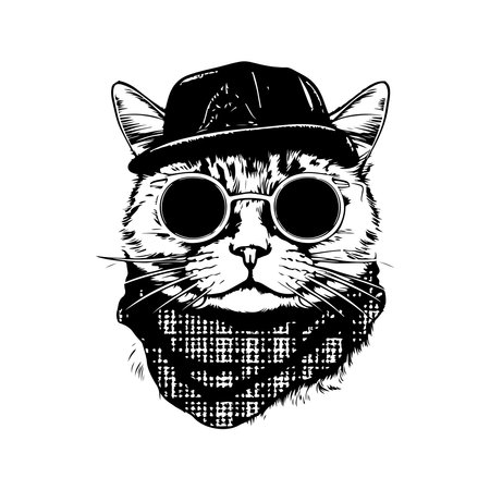 scottish cat wearing sunglasses and scarf, vintage logo line art concept black and white color, hand drawn illustrationのイラスト素材