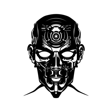 humanoid cyborg, vintage logo line art concept black and white color, hand drawn illustrationのイラスト素材