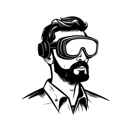 man wearing virtual reality glasses, vintage logo line art concept black and white color, hand drawn illustrationのイラスト素材