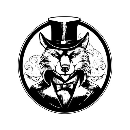 wolf magician, vintage logo line art concept black and white color, hand drawn illustrationのイラスト素材