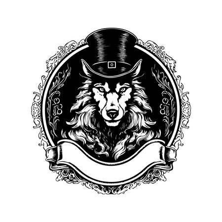 wolf magician, vintage logo line art concept black and white color, hand drawn illustrationのイラスト素材