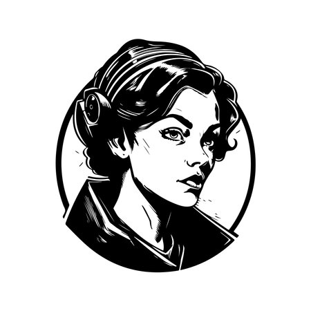 serious young girl, vintage logo line art concept black and white color, hand drawn illustrationのイラスト素材