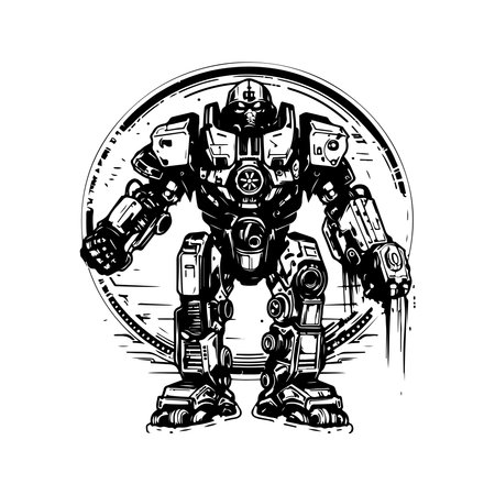 scifi mech warrior, vintage logo line art concept black and white color, hand drawn illustrationのイラスト素材