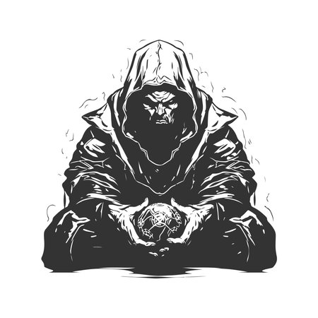 adamantine sorcerer mercenary of avarice, vintage logo line art concept black and white color, hand drawn illustrationのイラスト素材