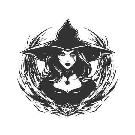 xenoavenger witch, vintage logo line art concept black and white color, hand drawn illustrationのイラスト素材