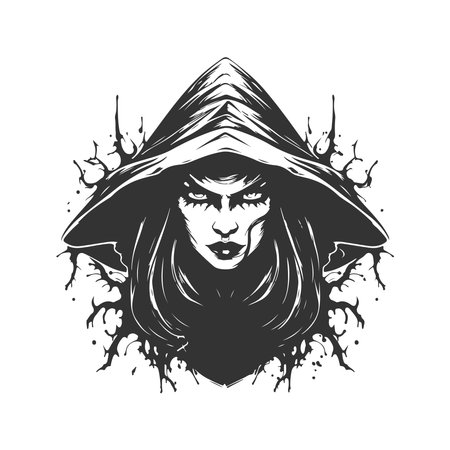 xenoavenger witch, vintage logo line art concept black and white color, hand drawn illustrationのイラスト素材