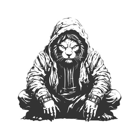 lion ninja of despair and patience, vintage logo line art concept black and white color, hand drawn illustrationのイラスト素材