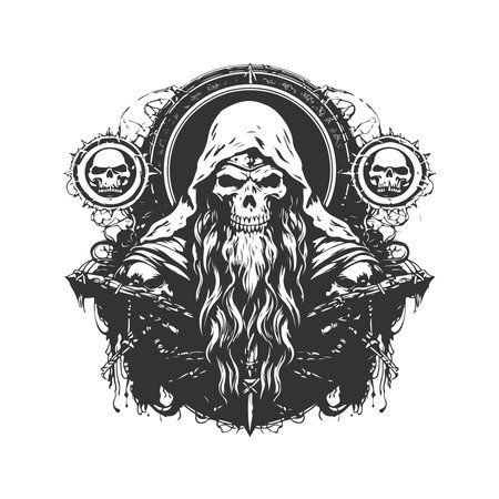 psiwarlord wizard, vintage logo line art concept black and white color, hand drawn illustrationのイラスト素材