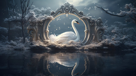 enchanted swan mirror, digital art illustration, Generative AIの素材