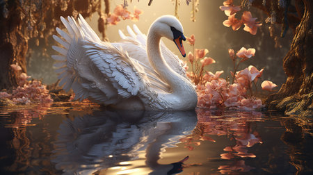 enchanted swan mirror, digital art illustration, Generative AIの素材