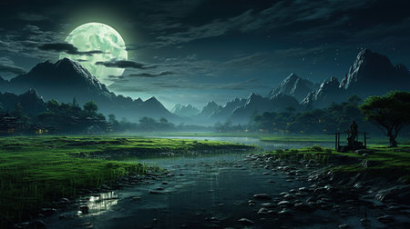 luminous rice fields under the moon, digital art illustration, Generative AIの素材