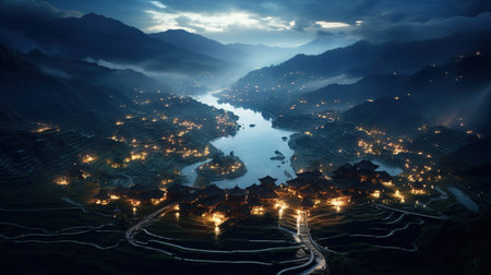 lunar glow over rice terraces, digital art illustration, Generative AIの素材