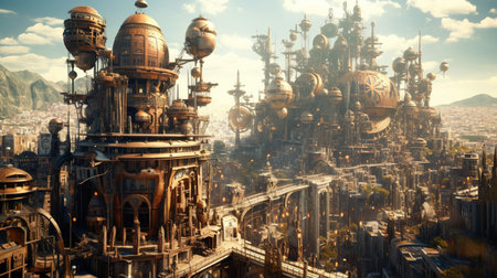steampunk cityscape, digital art illustration, Generative AIの素材