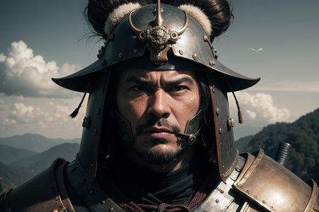 cool expression samurai wearing armor, digital art illustration, Generative AIの素材