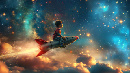 Skyward Soar Happy Boy Riding Space Rocket in the Infinite Skyの素材