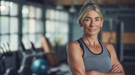 Ageless Strength Mature Woman Standing Tall in the Fitness Studioの素材