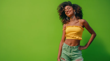 Green Chic Happy Woman Embracing Trendy Style on Vibrant Backgroundの素材