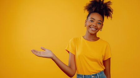 Inviting Expression A Brazilian Girl with Open Palm for Your Messageの素材