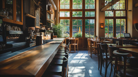 Rustic Elegance The Inviting Interior of a Restaurant with a Cozy Wooden Bar and Spacious Seating Areaの素材