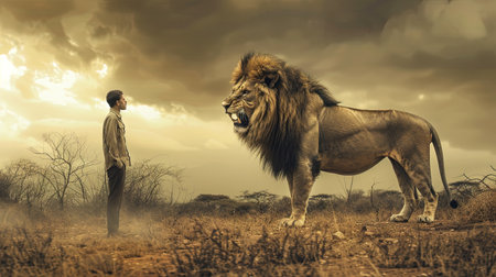 Confrontation in the Wild Man Stands His Ground Against Aggressive Male Lionの素材