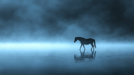 A horse walking alone in the middle of the fog , a little horse close-upの素材