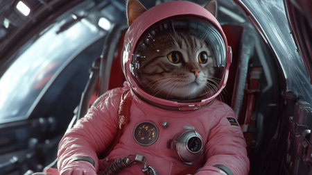 A tabby cat dressed in a pink spacesuit and helmet in a spaceshipの素材
