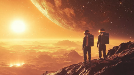 Astronauts gazing under bright planets and stars in an enigmatic extraterrestrial landscapeの素材
