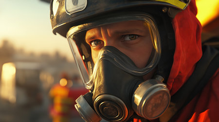 On-duty firefighter portrait. An image of a contented firefighter wearing a helmet and gas mask close to a fire engineの素材