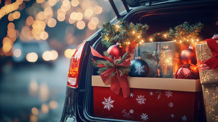 Shopping bags with Christmas decorations, ornaments, lights, and promotional gifts, seasonal ads, or lifestyle material are placed inside a car trunkの素材