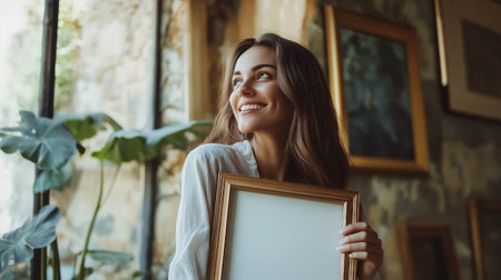 Smiling woman looking away holding frame while leaning on wall at new homeの素材