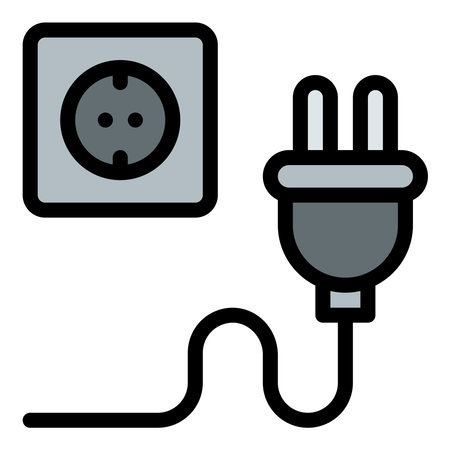 Plugging icon flat line style illustration representing connecting an electrical device to a power source, suitable for energy, electronics, and home appliance industries.のイラスト素材